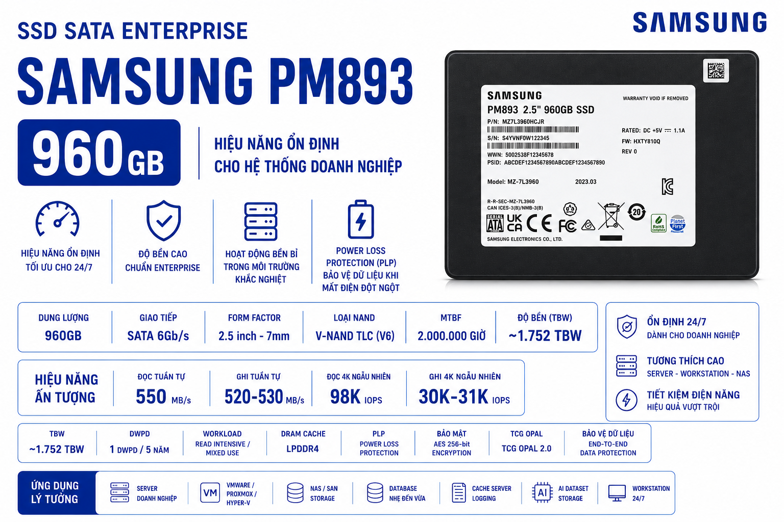 SSD Sata Enterprise Samsung PM893 960Gb (Used)